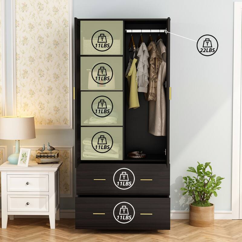 31.5"W x 72"H Two Door Wardrobe With Mirror White/Dark Brown Armoires - 31.5"W x 72"H