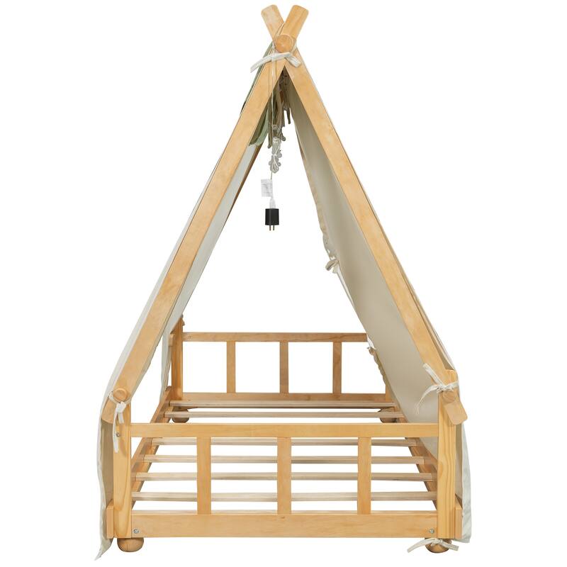 House Bed with Antler Accents Light Tent and Roof Wood Bed Frame