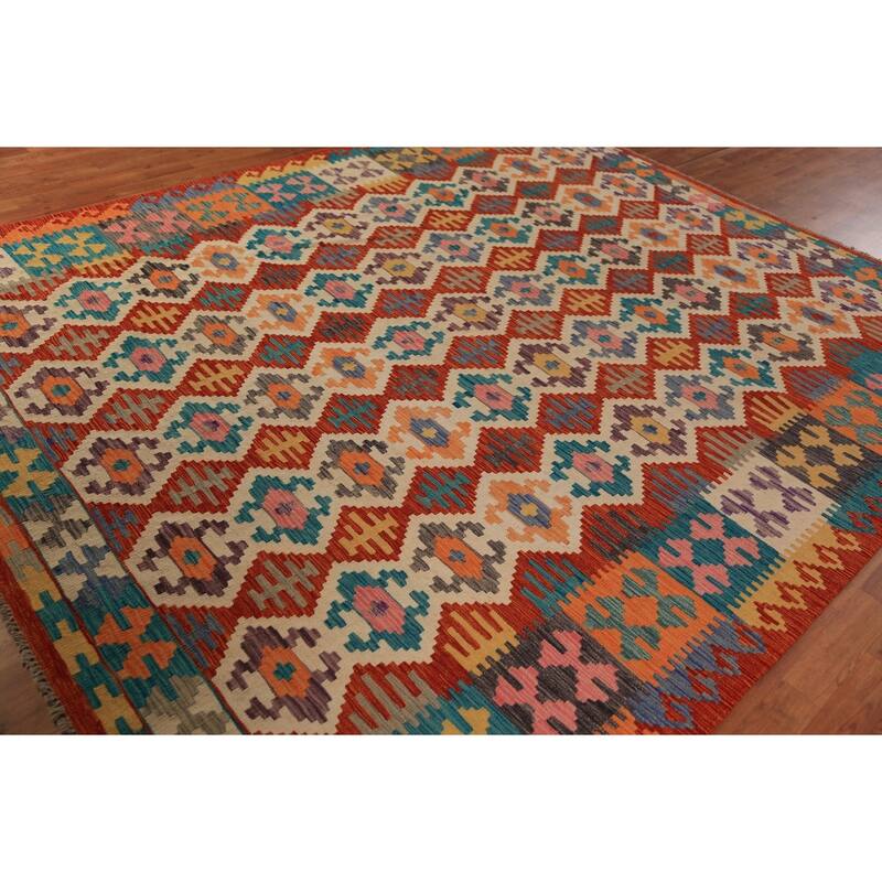 South Western Style Kilim Oriental Area Rug Flatweave Wool Carpet - 8'1"x 9'10"