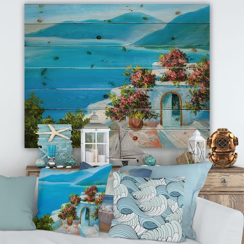 Designart 'House Near The Sea Colorful Flowers I' Nautical & Coastal Print on Natural Pine Wood