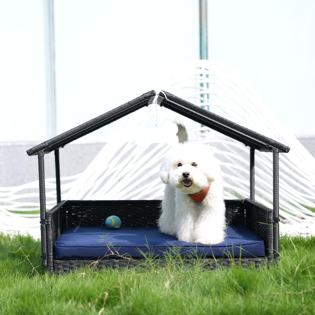 Outdoor Cushioned Wicker Dog House Pet Bed