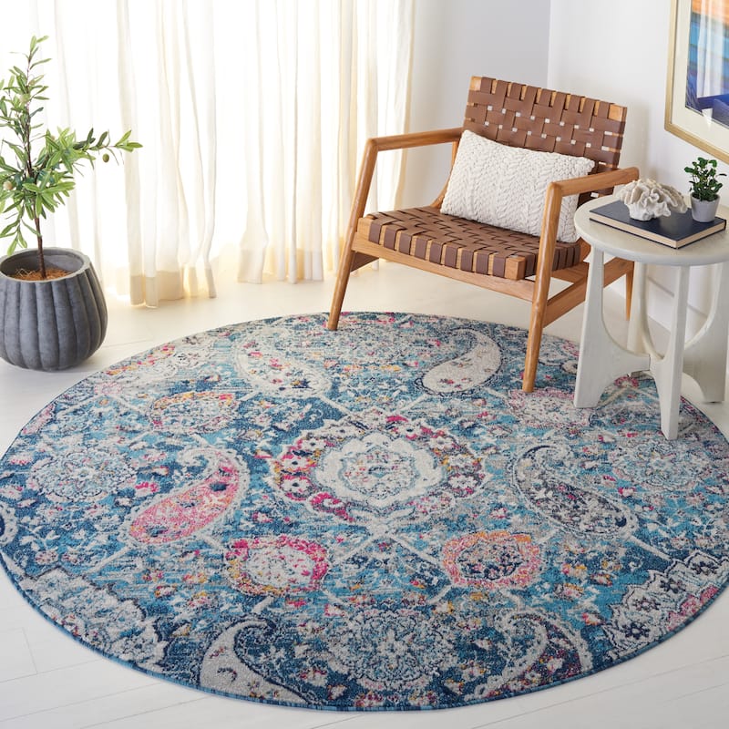SAFAVIEH Madison Belle Boho Glam Paisley Pattern Area Rug - 6'7" Round - Blue/Grey