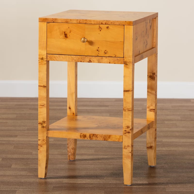 Ghina Modern and Contemporary Natural Light Mappa Real Burl Wood 1-Drawer Nightstand