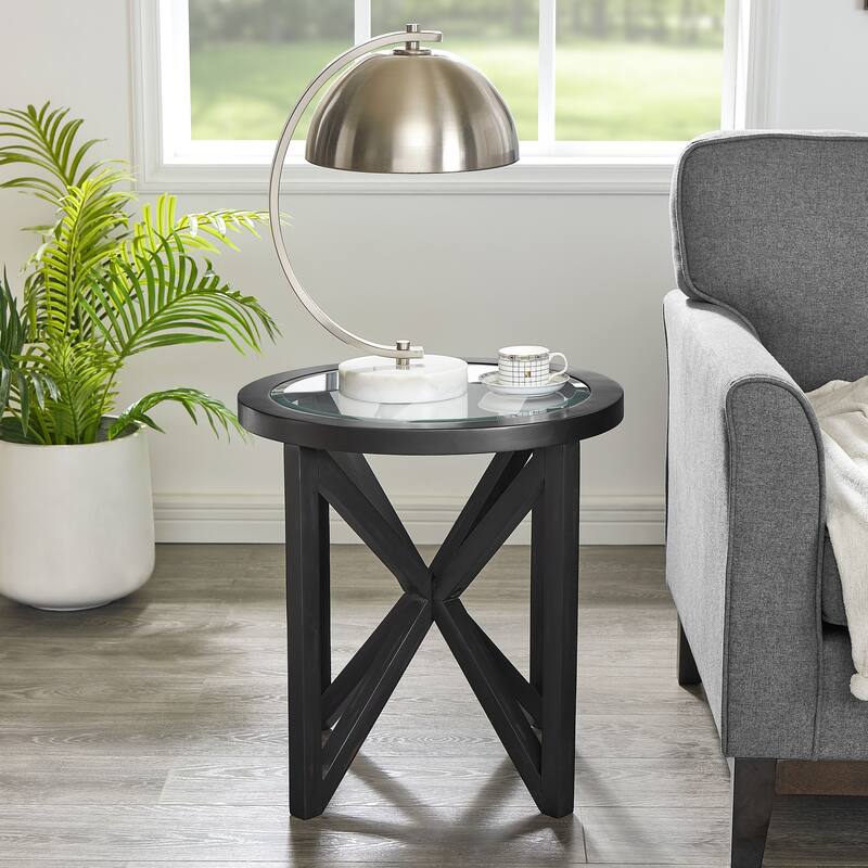 Contemporary Minimalist Round Coffee Table - Tempered Glass Top with Solid Wood Base for Modern Living Spaces - Black