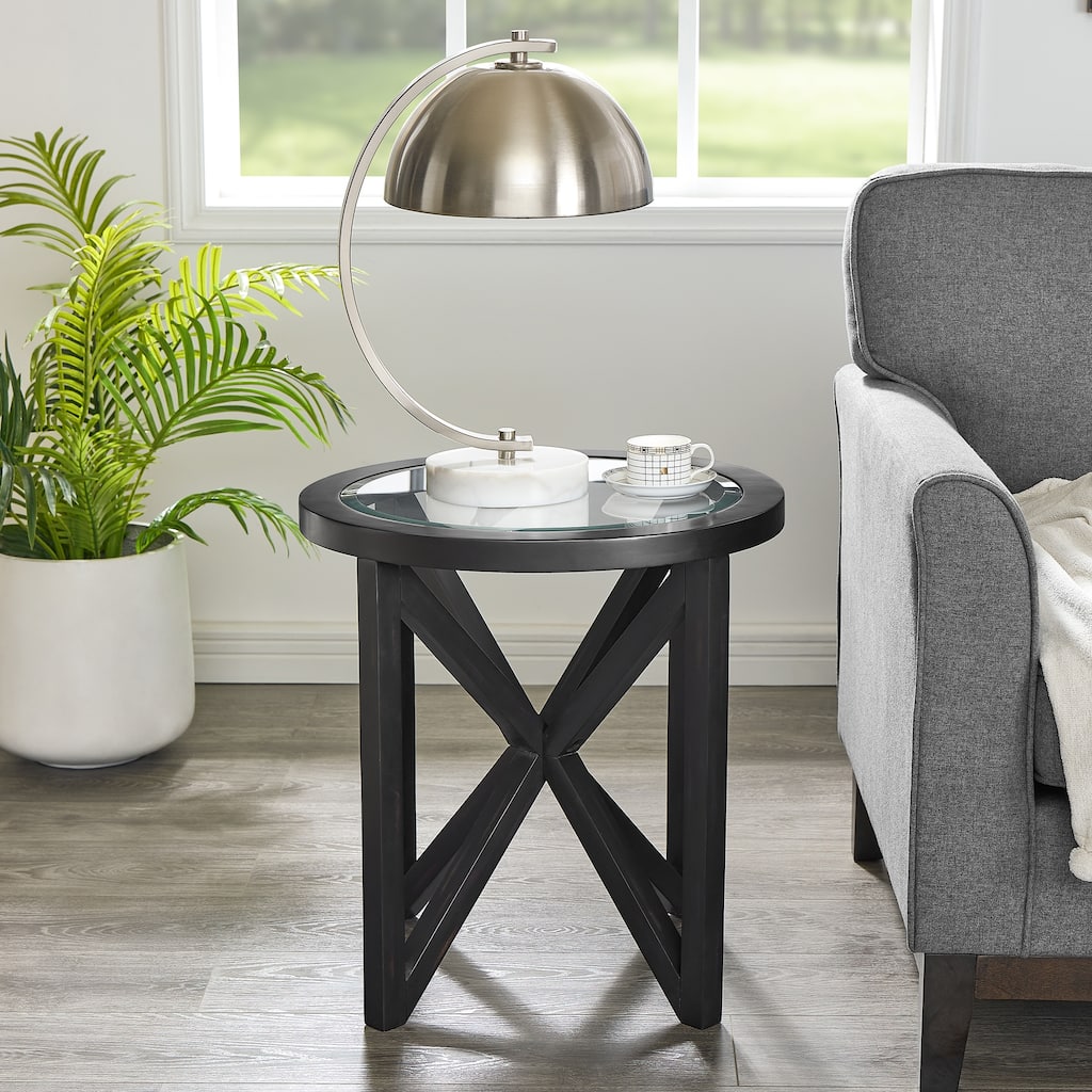 Round Side Table with Tempered Glass and Poplar Tripod