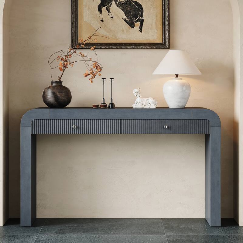 Rustic Console Table with Fluted Drawer Front - Dark Navy