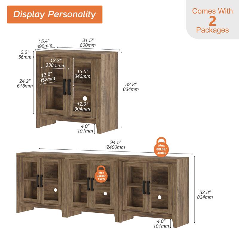 WAMPAT Modern Farmhouse Modular Buffet Cabinet, Glass Door Sideboard with Adjustable Shelves