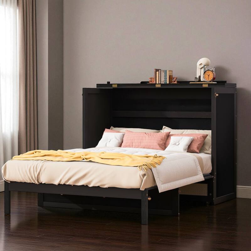 Full Size Murphy Bed with Large Storage Drawers, Space-Saving Foldable Wall Bed with Elegant Front Design