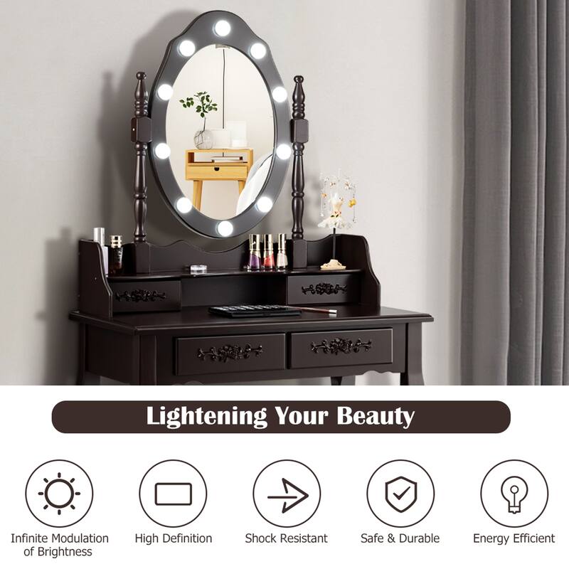 Gymax Makeup Vanity Dressing Table Set w/10 Dimmable Bulbs Cushioned - See Details