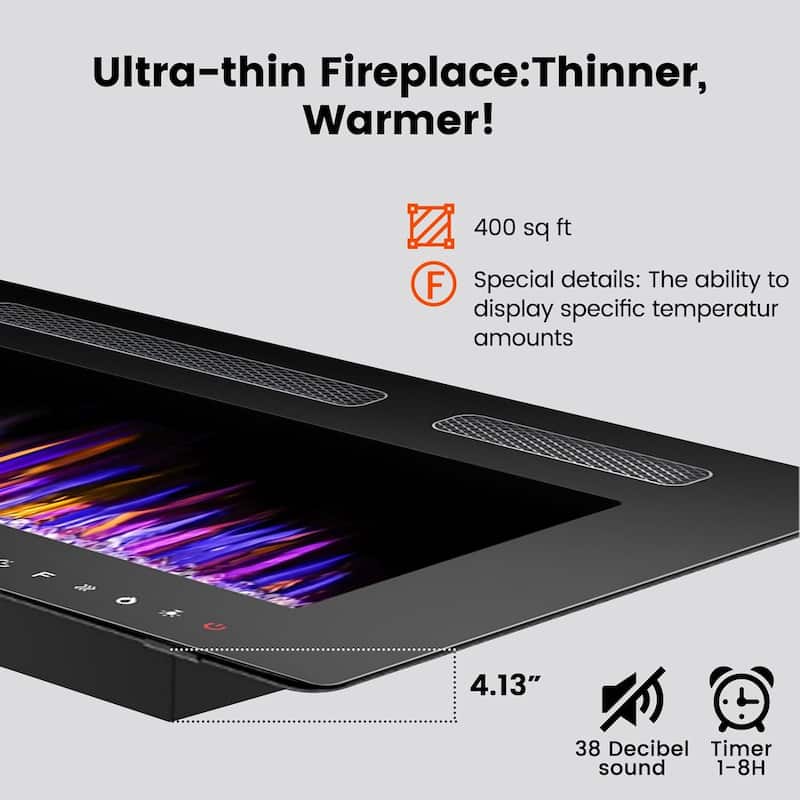 BOSSIN Electric Fireplace Wall Mounted and Recessed with Remote Control, 750/1500W Ultra-Thin Wall Fireplace Heater, Low Noise