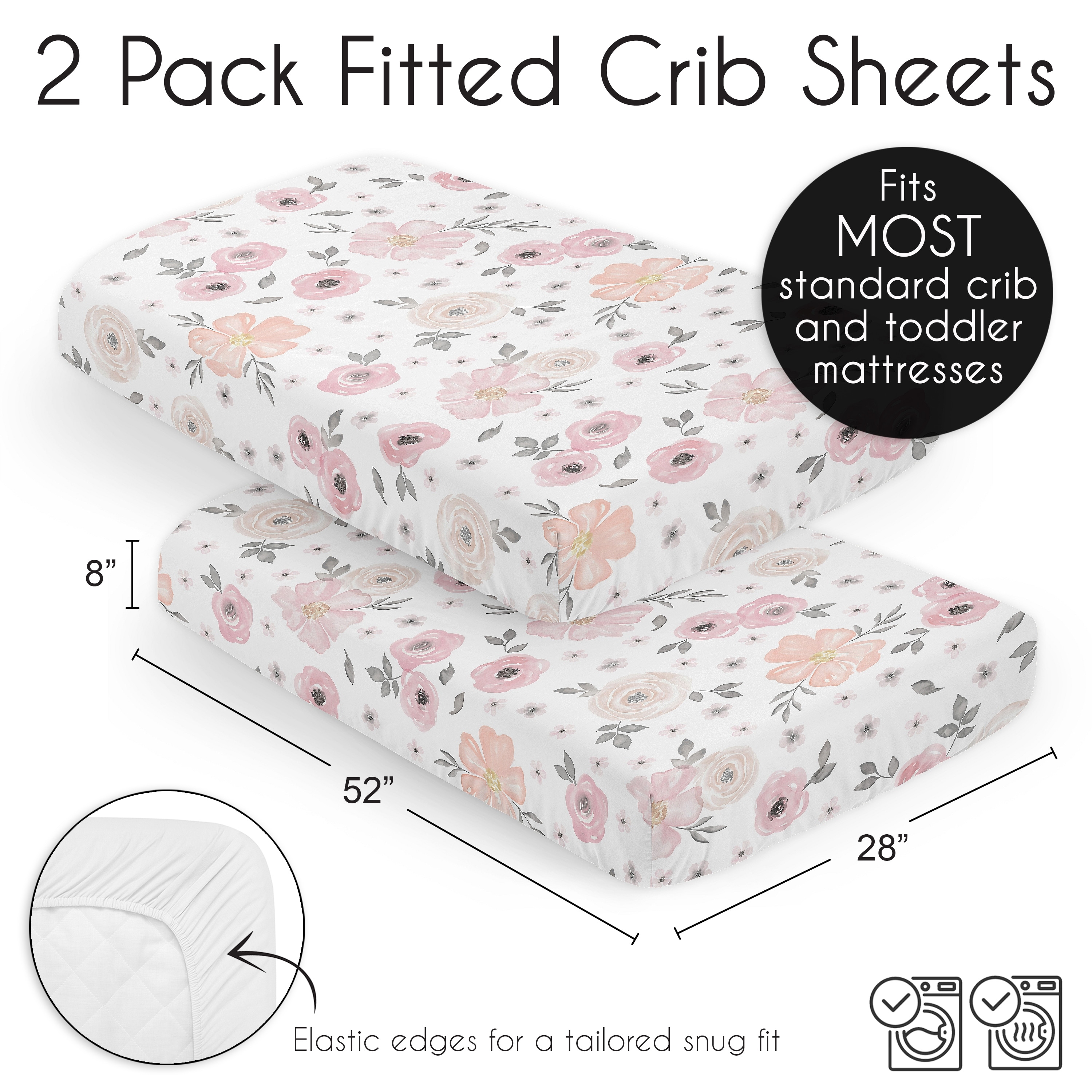 Sweet Jojo Designs Blush Pink Grey Boho Floral Girl Baby Fitted Crib Sheet Set Nursery Soft Infant Newborn Fits Standard Mattress Or Toddler Bed 2pc