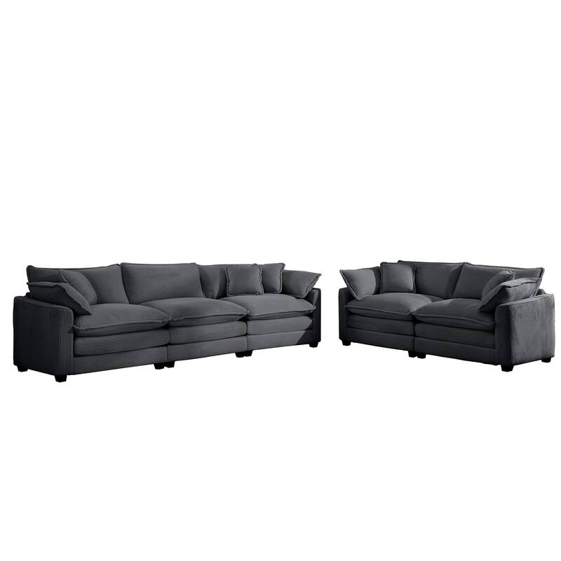 Corduroy Fabric Deep Seat Sofas Set with Throw Pillows, 3+2 Seater Flexible Combinations Sofa with Removable Armrests - Grey