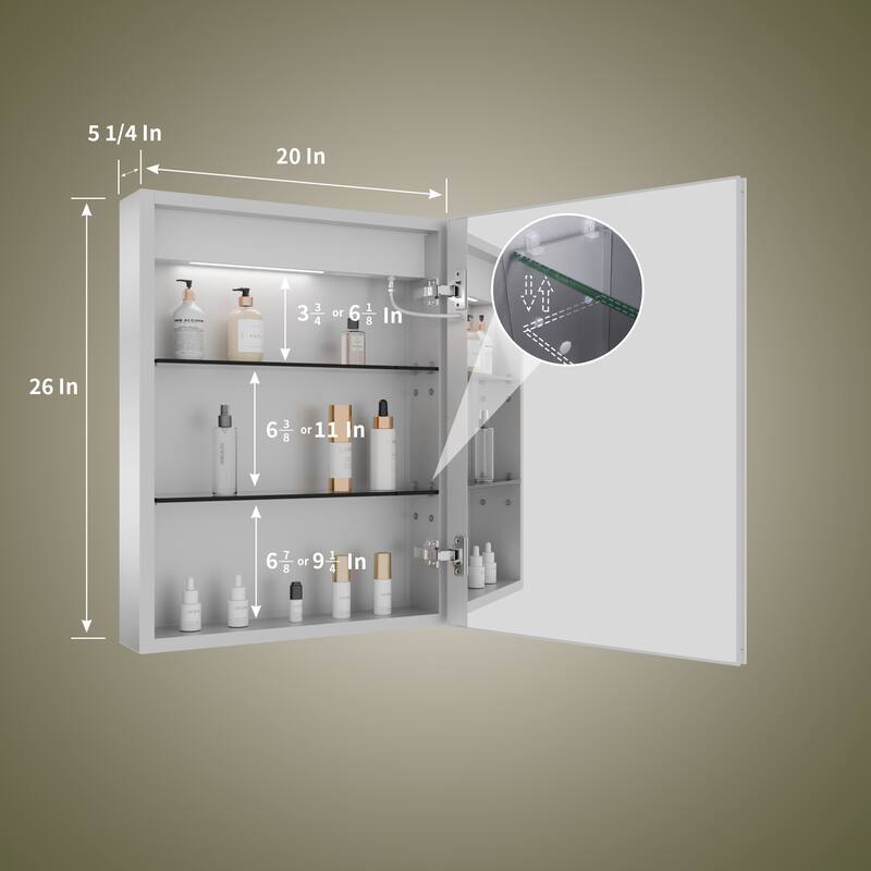 ExBrite 20" x 26" LED Lighted Bathroom Medicine Cabinet with Mirror,Recessed or Surface Mount,Defog