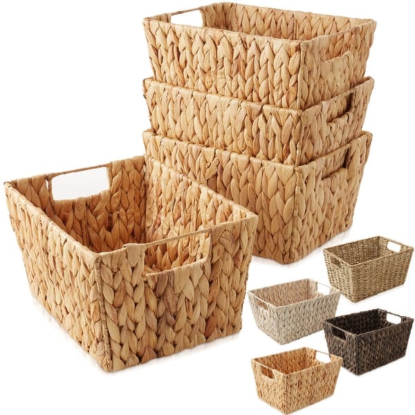 Set of 4 Water Hyacinth Seagrass Storage Shelf Baskets with Handles - Natural - Hyacinth