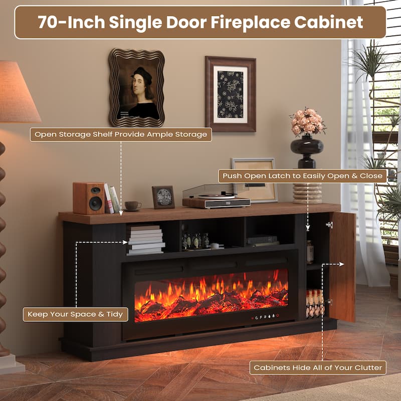 70" Traditional TV Stand with 50" Electric Fireplace, Light Strips, Sockets, Open Shelves, and Cabinets for TVs up to 80