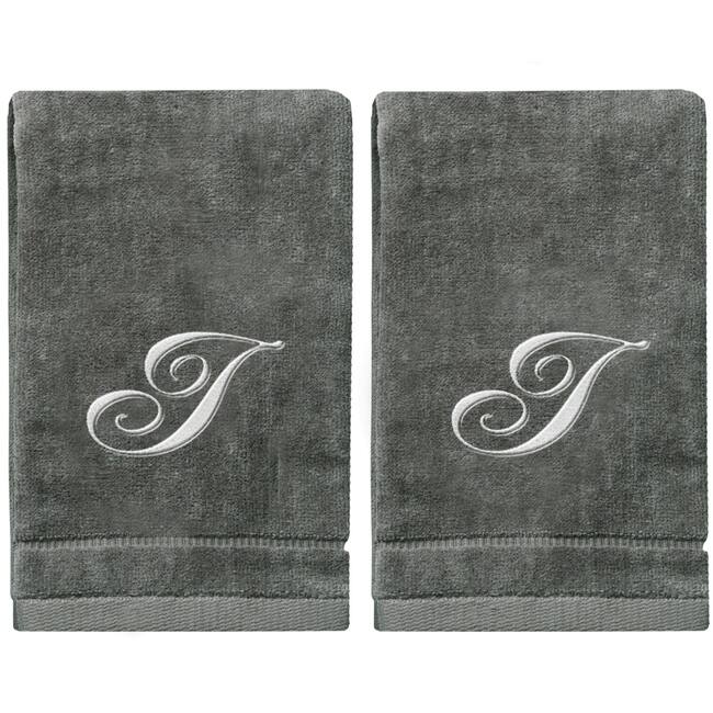 Soft Velour Silver Monogrammed Towels Fingertip - Set of 2 - I