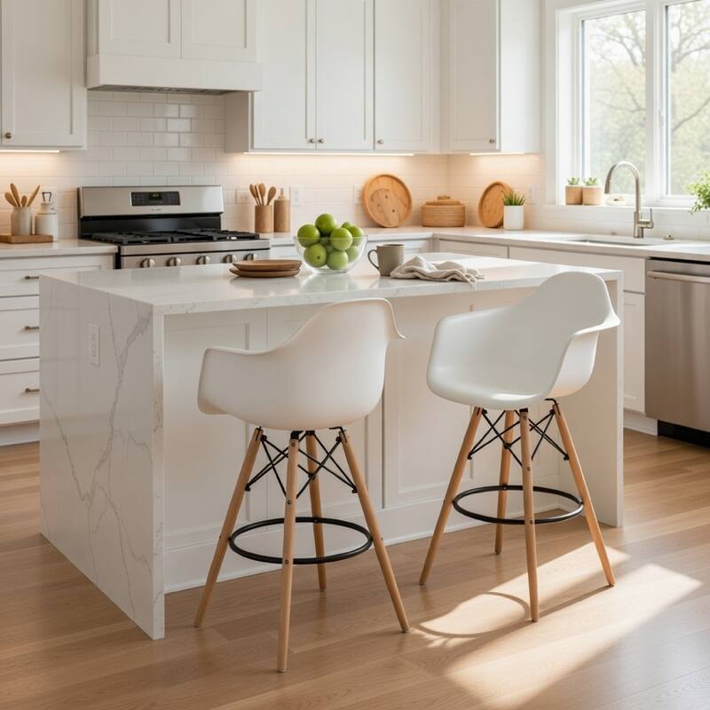 Ben 30 Inch Barstool Chair Set of 2, White Curved Seat, Brown Wood Legs