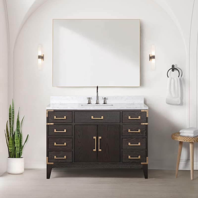 Lexora Laurel Bath Vanity, Carrara Marble Top, and Mirror - 48 Inch - Brown Oak
