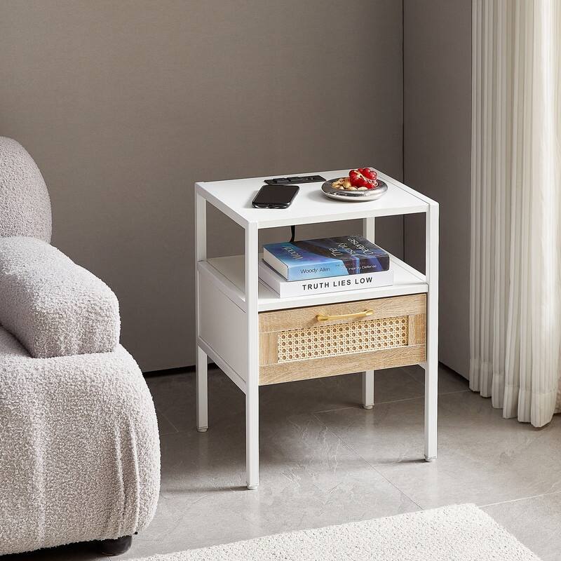 15.75" Modern Rattan End Table with Charging Station Nightstand with Drawer Metal Legs Side Table