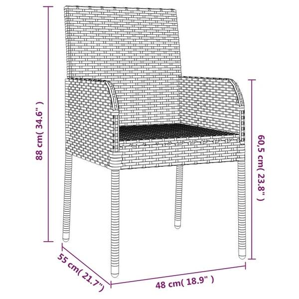 dimension image slide 6 of 13, vidaXL 3 Piece Patio Dining Set with Cushions Black Poly Rattan - 18.9" x 21.7" x 34.6"