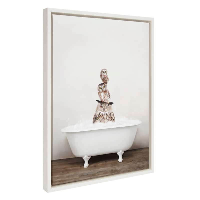 Kate and Laurel Stacked Owls Rustic Bath Framed Canvas by Amy Peterson - White