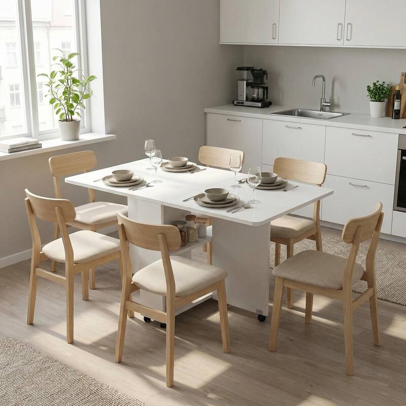 HOMYLIN Folding Drop Leaf Dining Table with Wheels - White