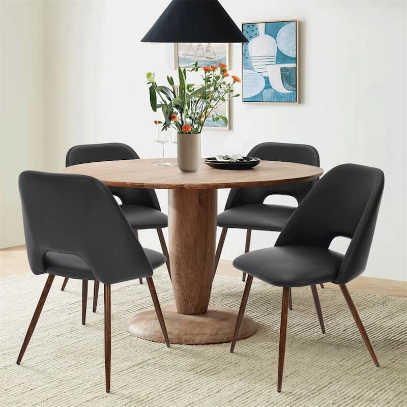 Faux Leather Modern Cutout Back Dining Chair with Walnut Leg（Set of 4)