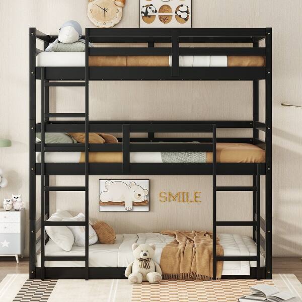 slide 2 of 27, Detachable Triple Twin Bunk Bed with Two Built-in Ladders,Guardrails Black