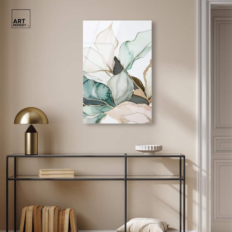 Pastel Leaves with Gold III Acrylic by Art Remedy, Ready to Hang