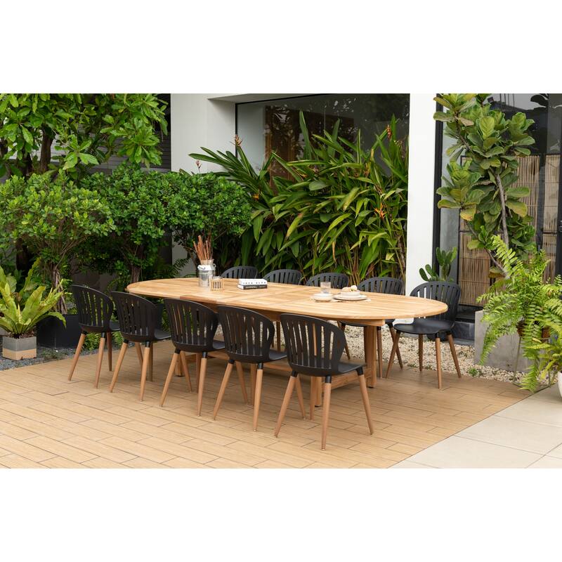 Amazonia Torrington 11pc Certified Teak Outdoor Patio Dining set - Black Sidechair - Wood Legs