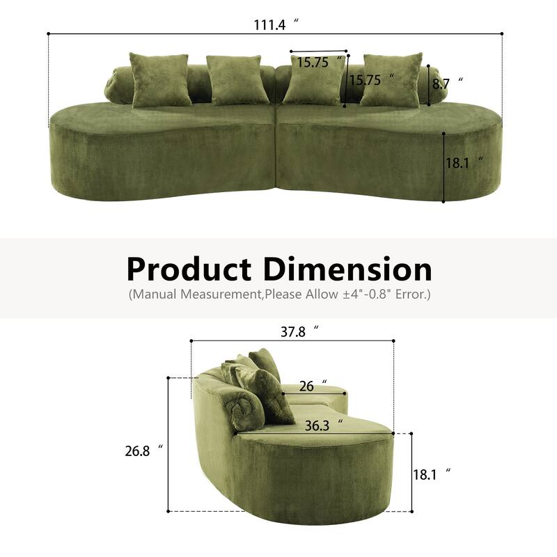 Roomfitters Modern Curved Flannelette Multi-Seater Sofa with Pillows, Creative Minimalist Design for Living Room