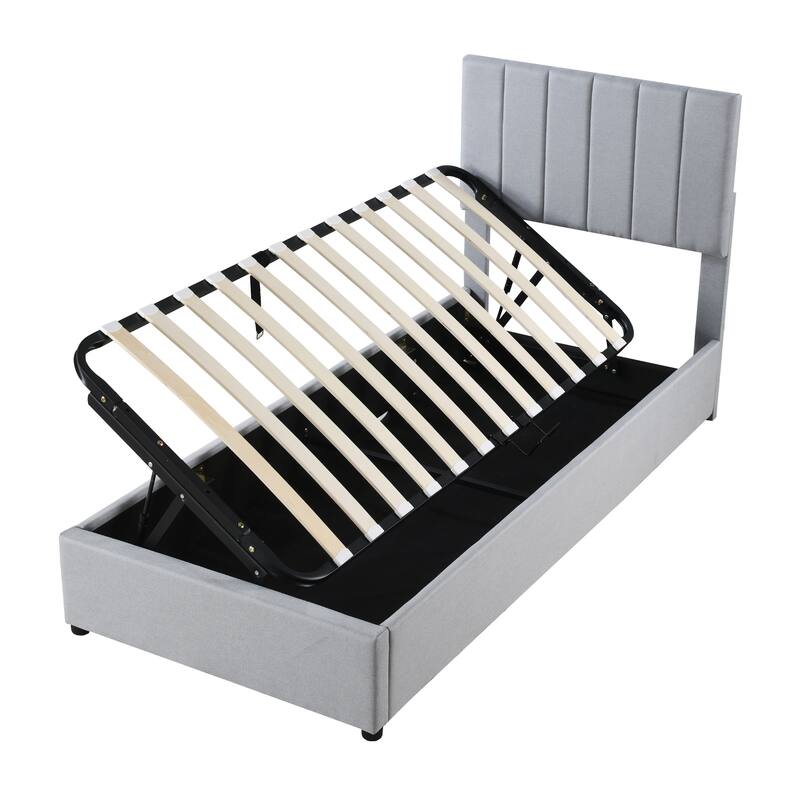 Twin Platform Bed with Hydraulic Lift, Stripe Headboard & Storage