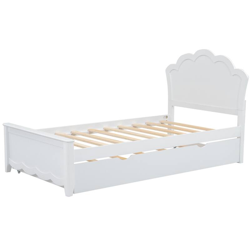 White Pine Wood Bed Frame, Twin Size Platform Bed w/Curved Headboard, Pull-out Trundle Bed for Bedroom, Apartment