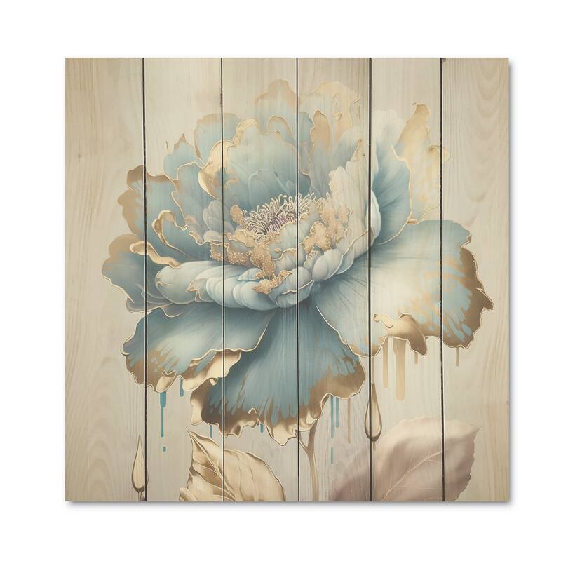 Designart 'Chic Blue Blooming Flower III' Floral Wood Wall Art - Natural Pine Wood