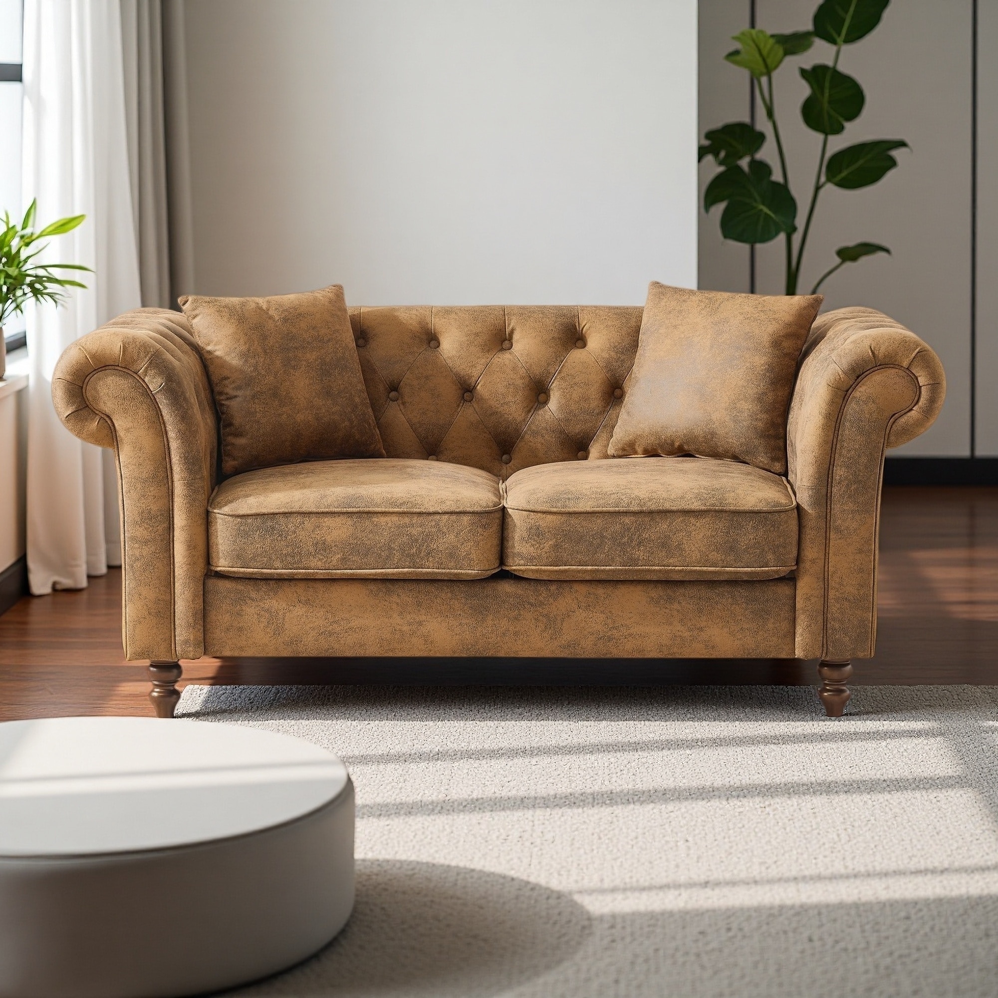 66" Chesterfield Tech-Fabric Loveseat,Mid-Century Modern 2-Seater with Rolled Arms and 450lb Capacity