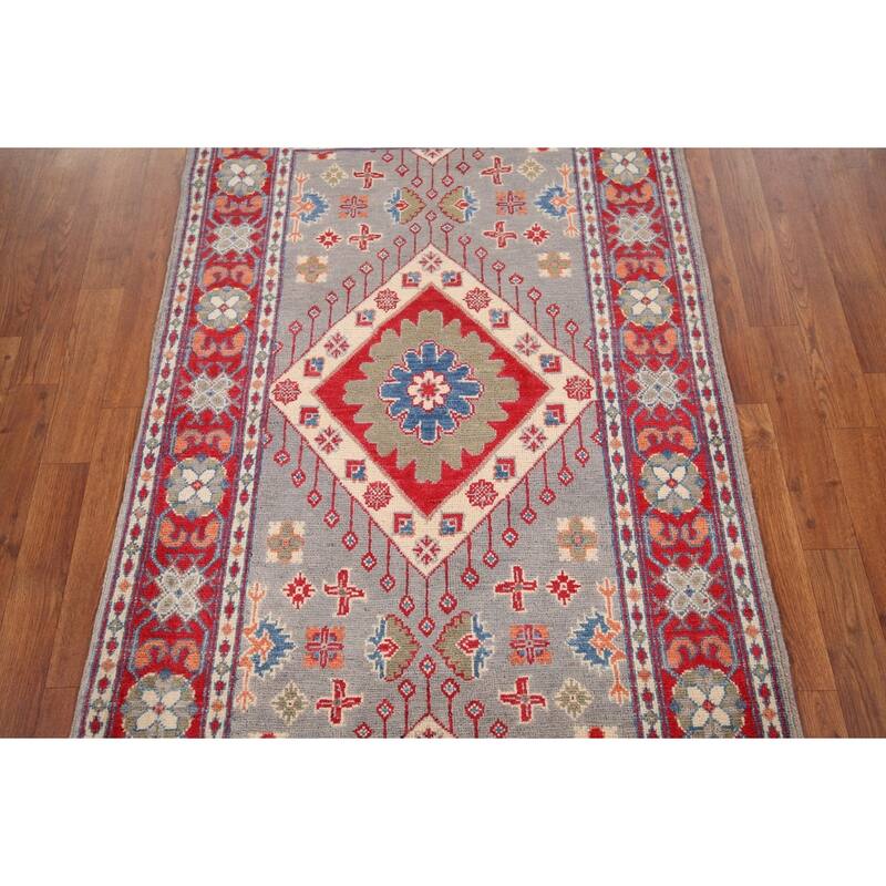 Gray Geometric Kazak Foyer Rug Hand-Knotted Hallway Wool Carpet - 3'3" x 4'4"