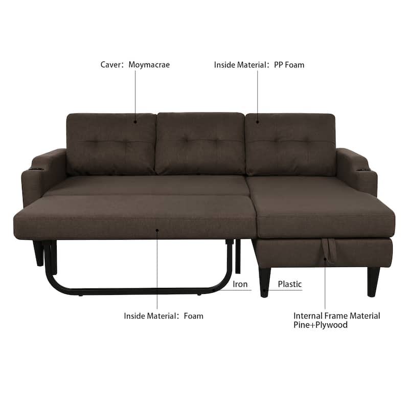 Pull Out Couch, L Shaped Convertible Sleeper Sofa Bed with Hidden Storage, 3-in-1 Upholstered Sectional Sofa with Cup Holder