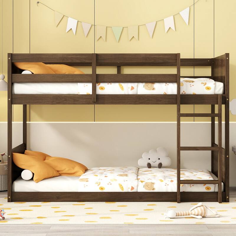 Twin Over Twin Floor Bunk Bed with Vintage Panel Headboard Built-in Ladder & Guardrails (250lb Capacity)