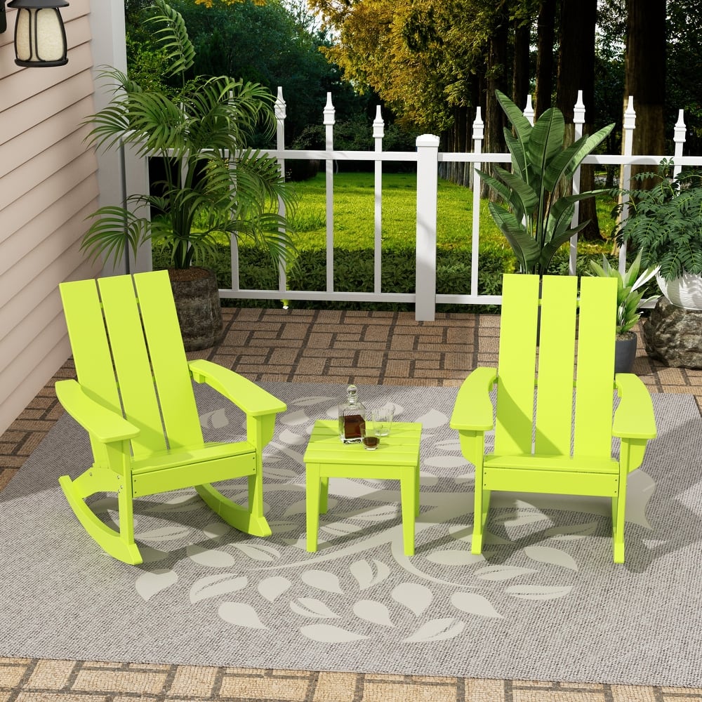 Shoreside Modern Eco-Friendly All Weather Poly Adirondack Rocking Chairs with Side Table (3-Piece Set)