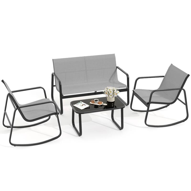 Moasis 4 Piece Outdoor Patio Conversation Set with Bistro Rocking Chairs,Loveseat and Glass Table