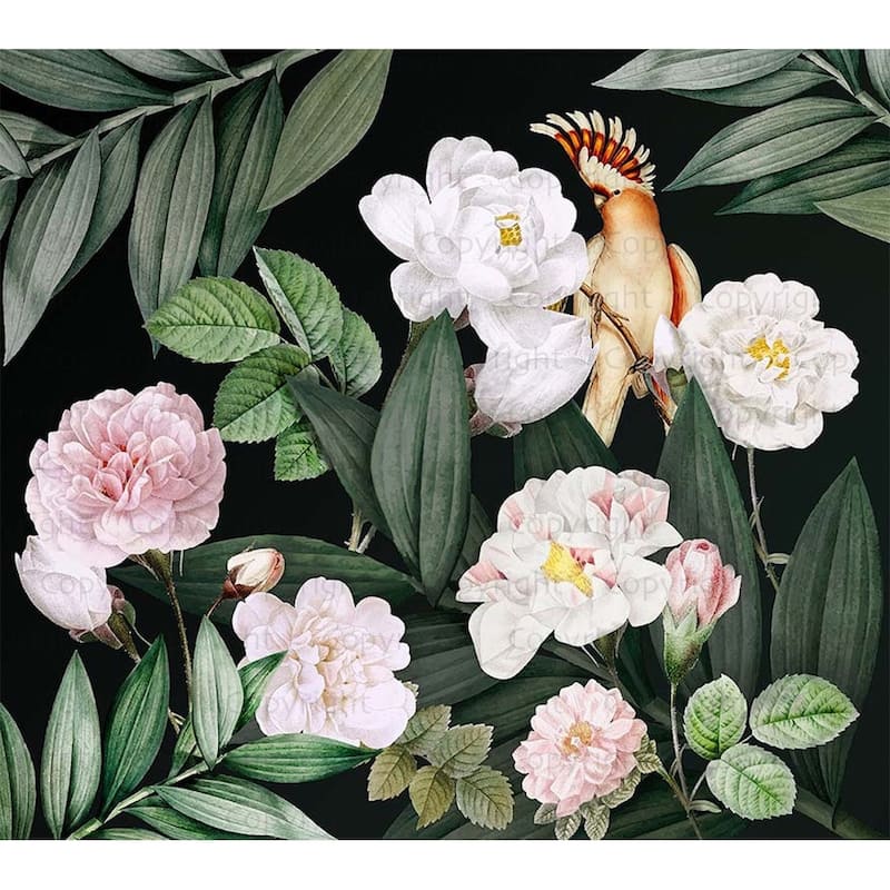 Exotic Flowers Night Garden Wallpaper Mural Tropical Bird - Green - W:122" x H:110"
