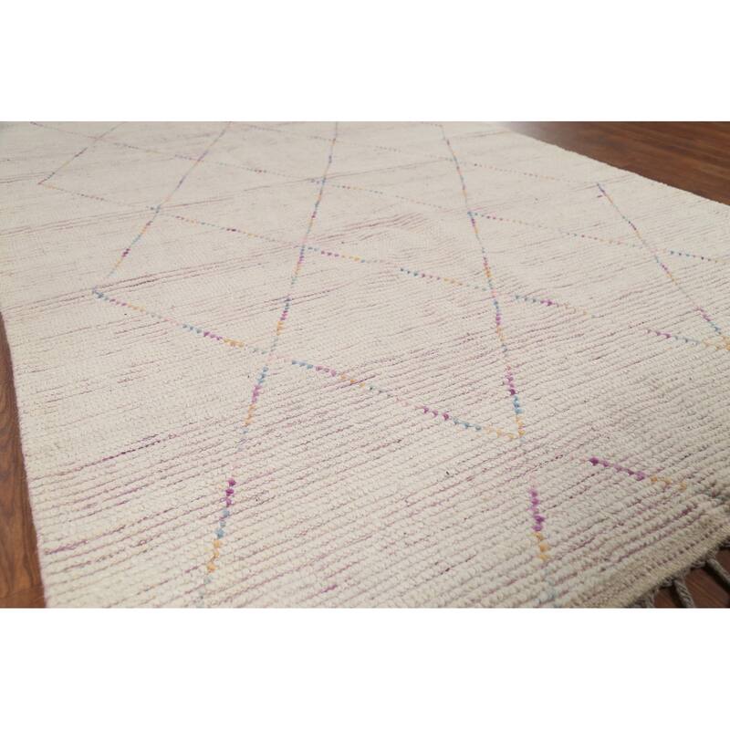 Beige Trellis Moroccan Area Rug Hand-Knotted Oriental Wool Carpet - 5'1"x 8'11"