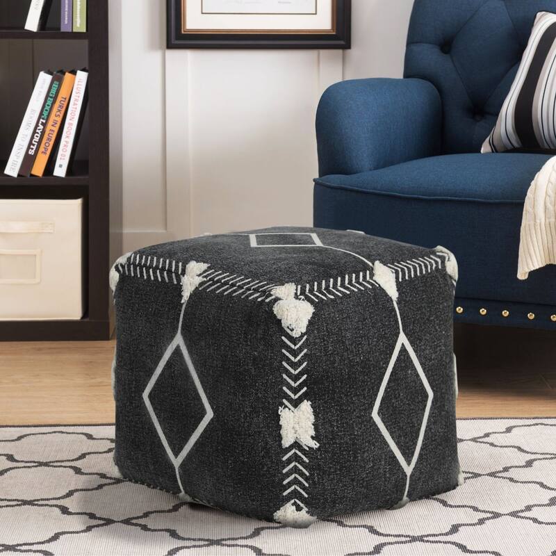 18" Black and White Diamond Dash Square Pouf Ottoman