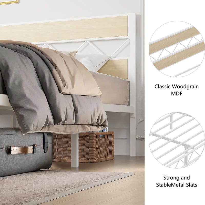 VECELO Vintage Metal Platform Bed Frame with Wood Headboard, Storage Bed, Noise-Free, No Box Spring Needed, Twin/Full/Queen Size