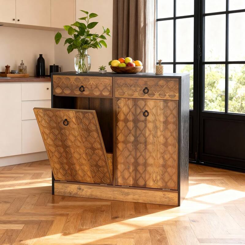 10-Gal Tilt-Out Trash Can Cabinet with 2 Drawers, 39.37" Wood Sorter