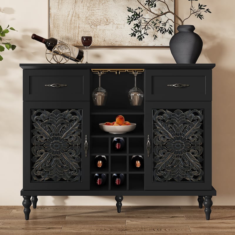 47.2" W Coffee Bar Wine Cabinet With Wine Rack - Black