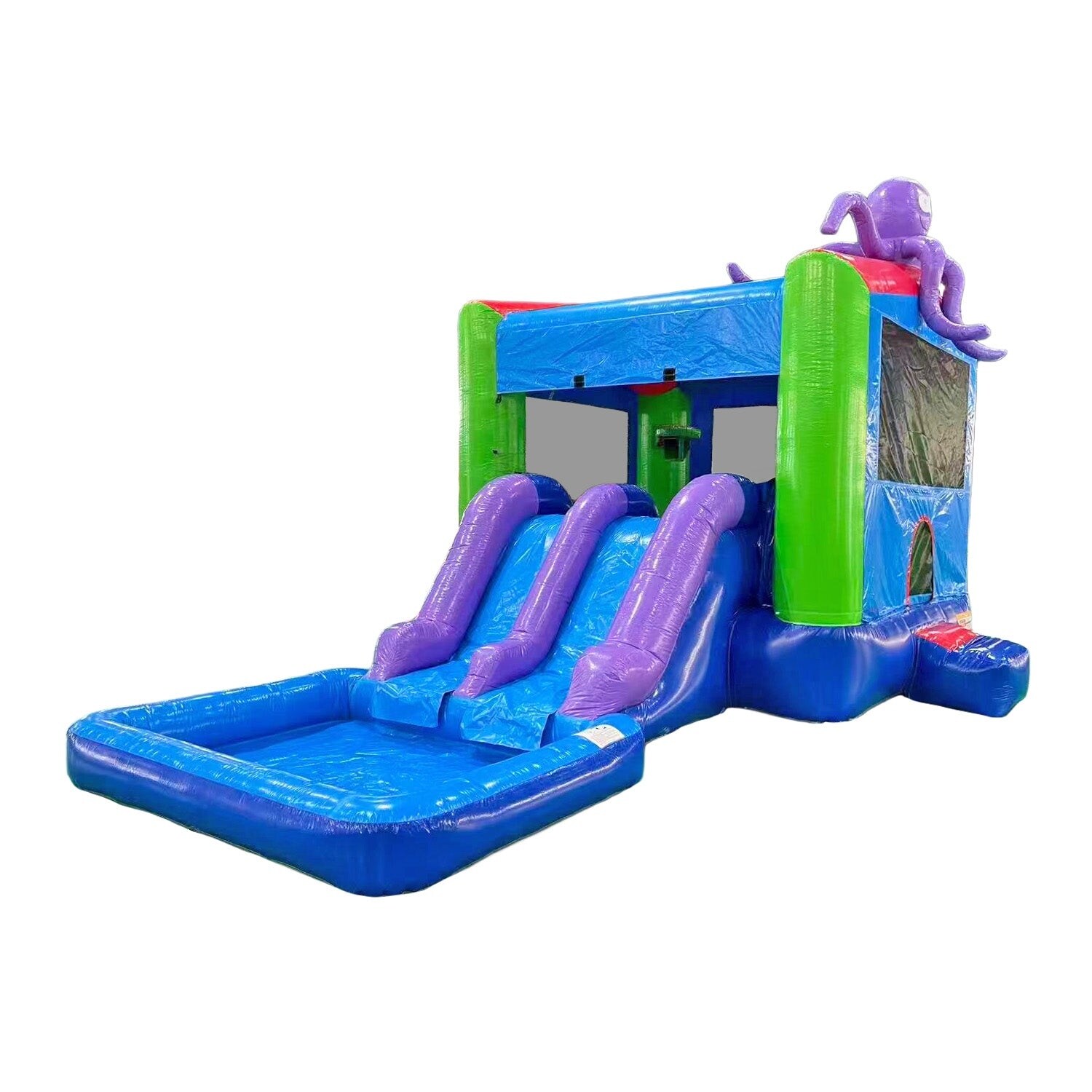 JumpOrange Octopus Bounce House Dual Lane Water Slide with Attached Pool Combo - 12 x 24 x 14