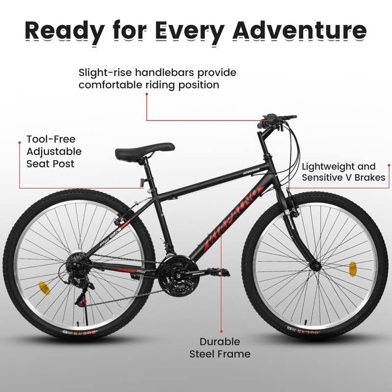 Unisex Mountain Bike - Carbon Steel Frame, Multiple Speeds, Dual V-Brake - 21