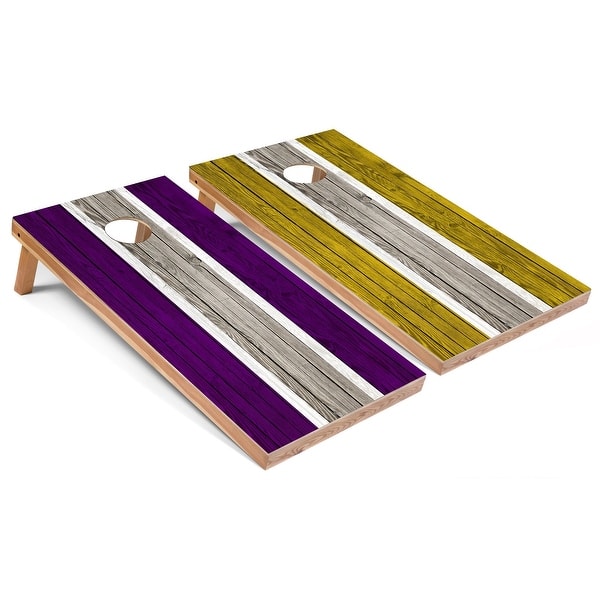 slide 2 of 6, Solid Wood Cornhole Boards - Purple and Yellow Stripes Design Premium 2x4 (24" x 48") - Include ALL Accessories