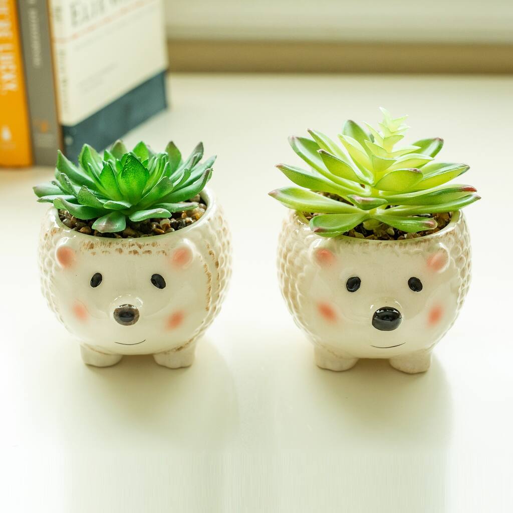 Faux Succulent in 4.5" Small Brown Hedgehog Ceramic Planter,Set of 2 - ONE-SIZE